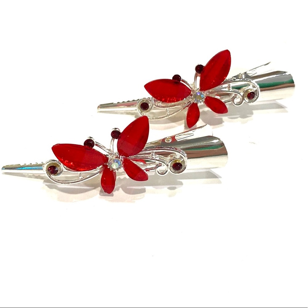 Updo Hair Clips Set of 2 Silver Tone Red Butterflies 3”
